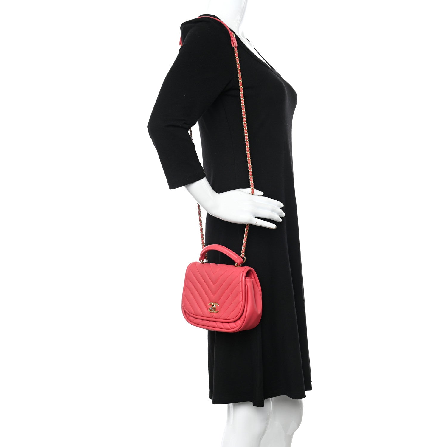 Chanel Lambskin Reverse Chevron Quilted Mini Round Top Handle Flap Bright Pink 2 of 17