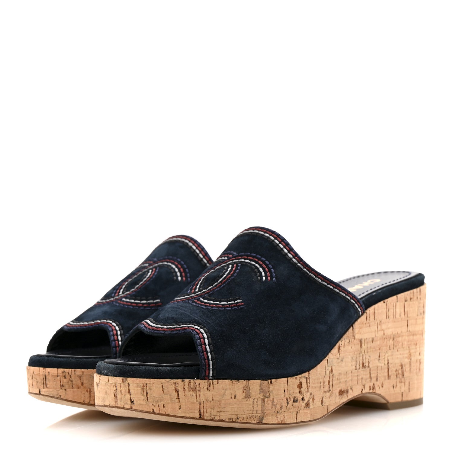 Chanel Suede Calfskin Cork CC Wedge Sandal 39 Navy Blue 4 of 10