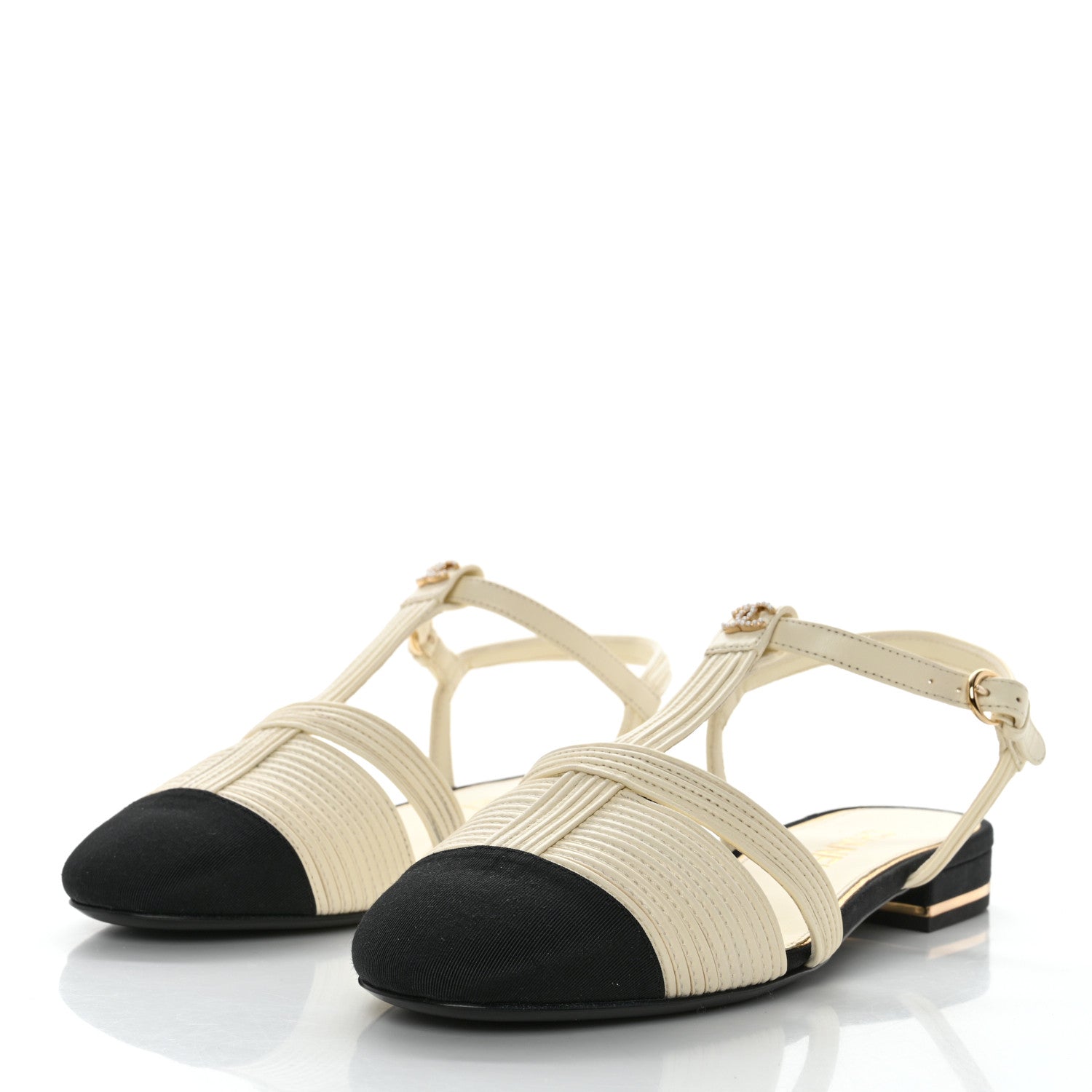 Chanel Lambskin Grosgrain Pearl CC Cap Toe Open Sandals 37 Ivory Black 3 of 10