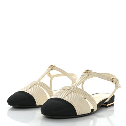 Chanel Lambskin Grosgrain Pearl CC Cap Toe Open Sandals 37 Ivory Black 3 of 10