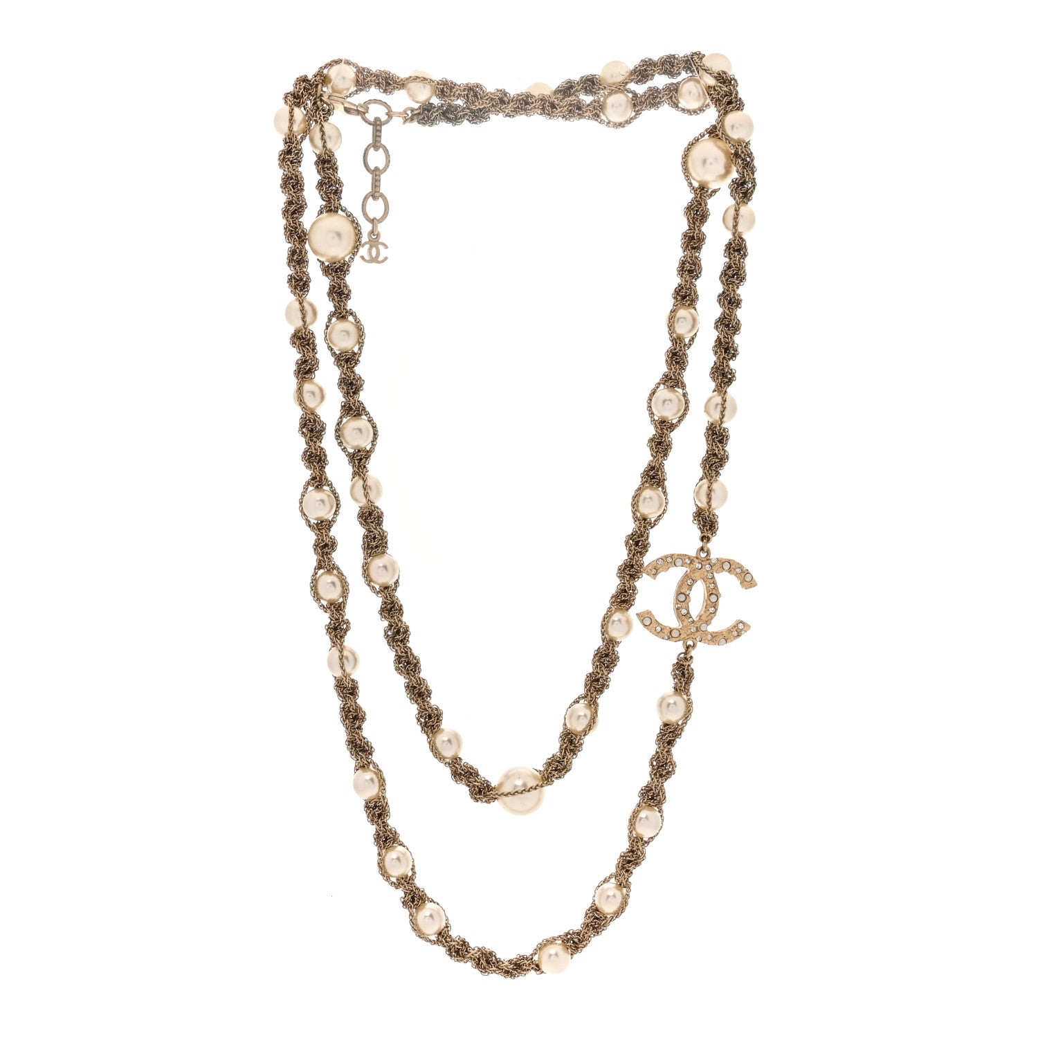 Chanel Pearl Multi Chain Braided Crystal CC Long Necklace  Gold 3 of 6