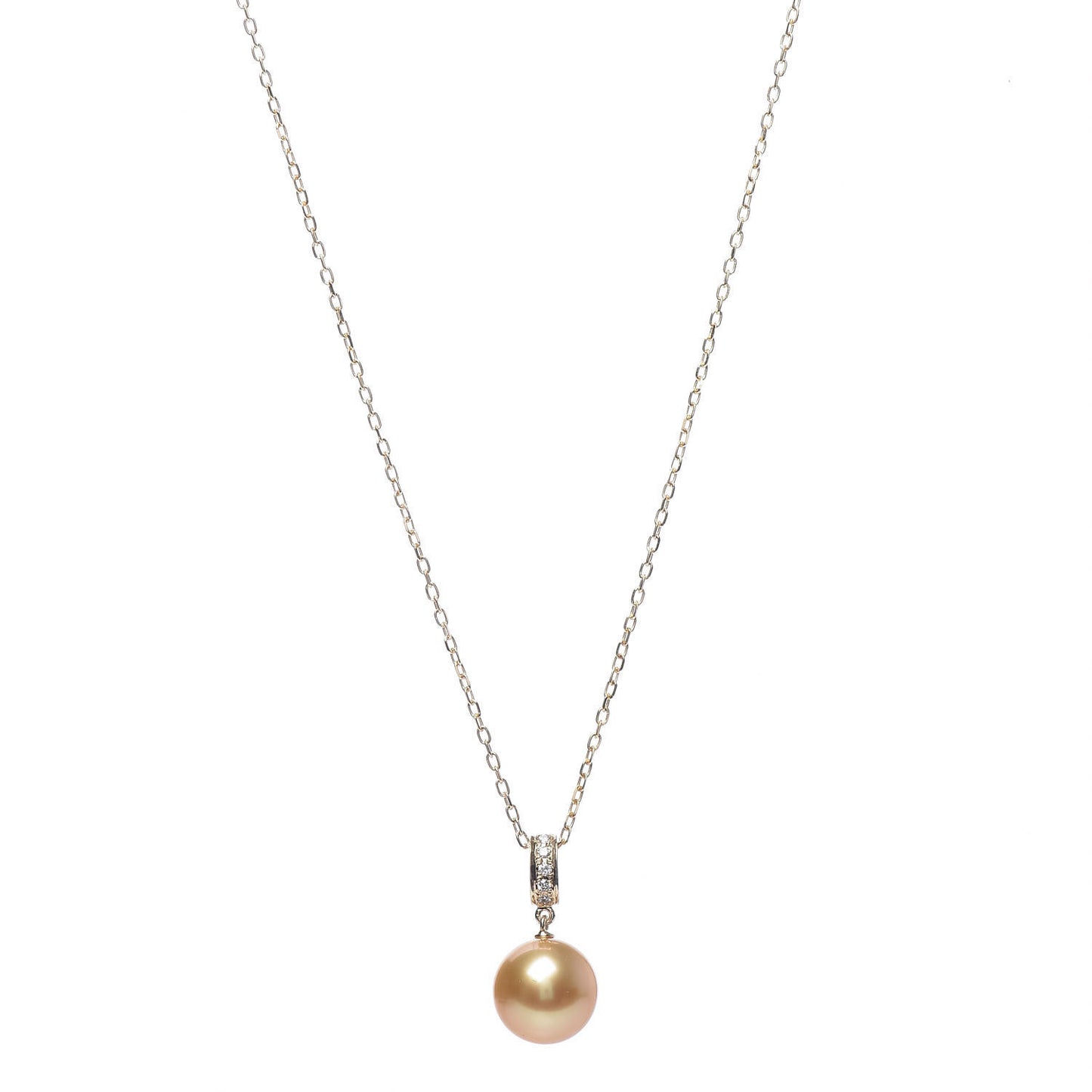 18K Yellow Gold Diamond Golden South Sea Pearl 10mm Pendant Necklace