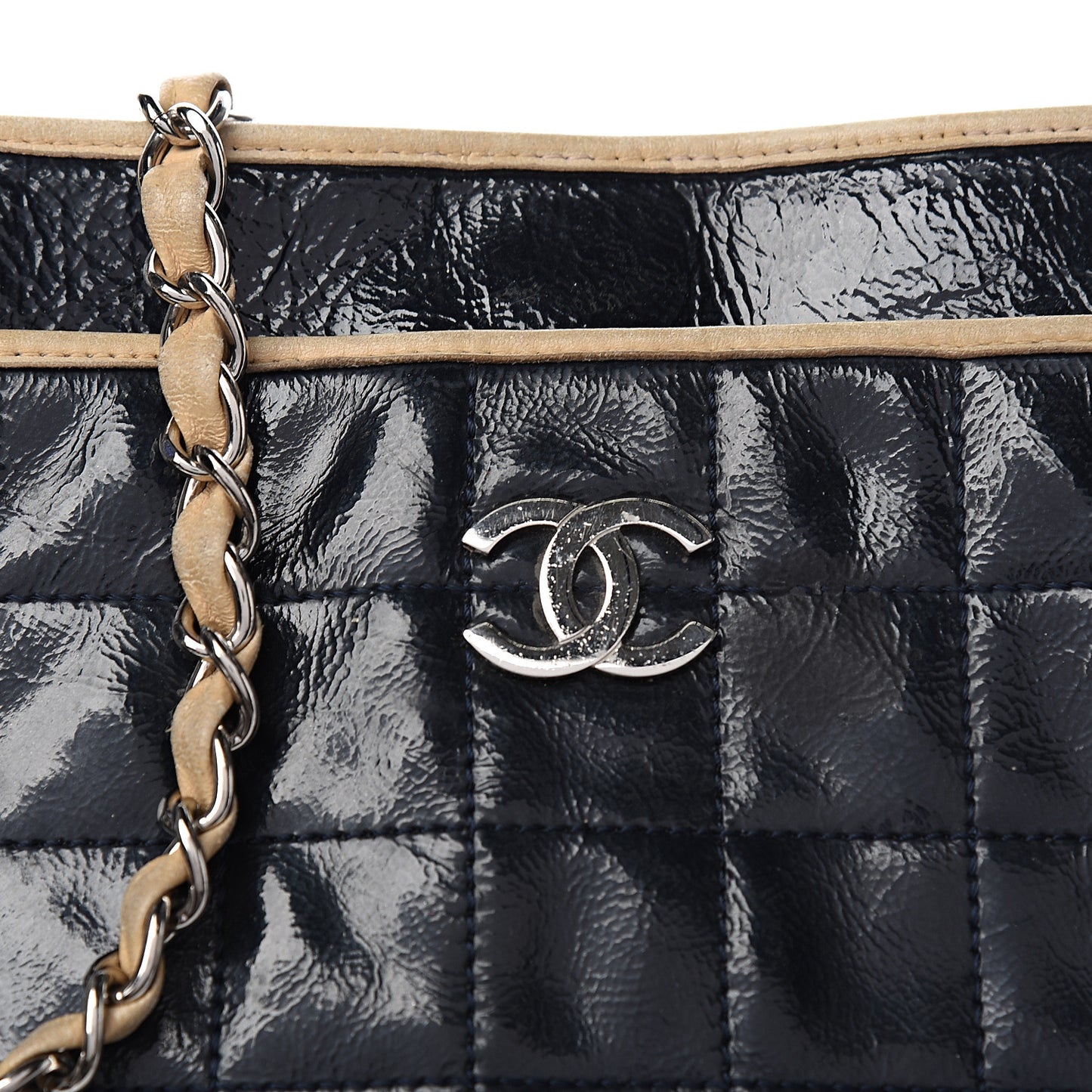 Patent Chocolate Bar Quilted Tote Black