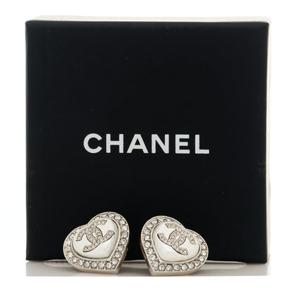 Chanel Pearl Crystal CC Heart Earrings Silver 5 of 5