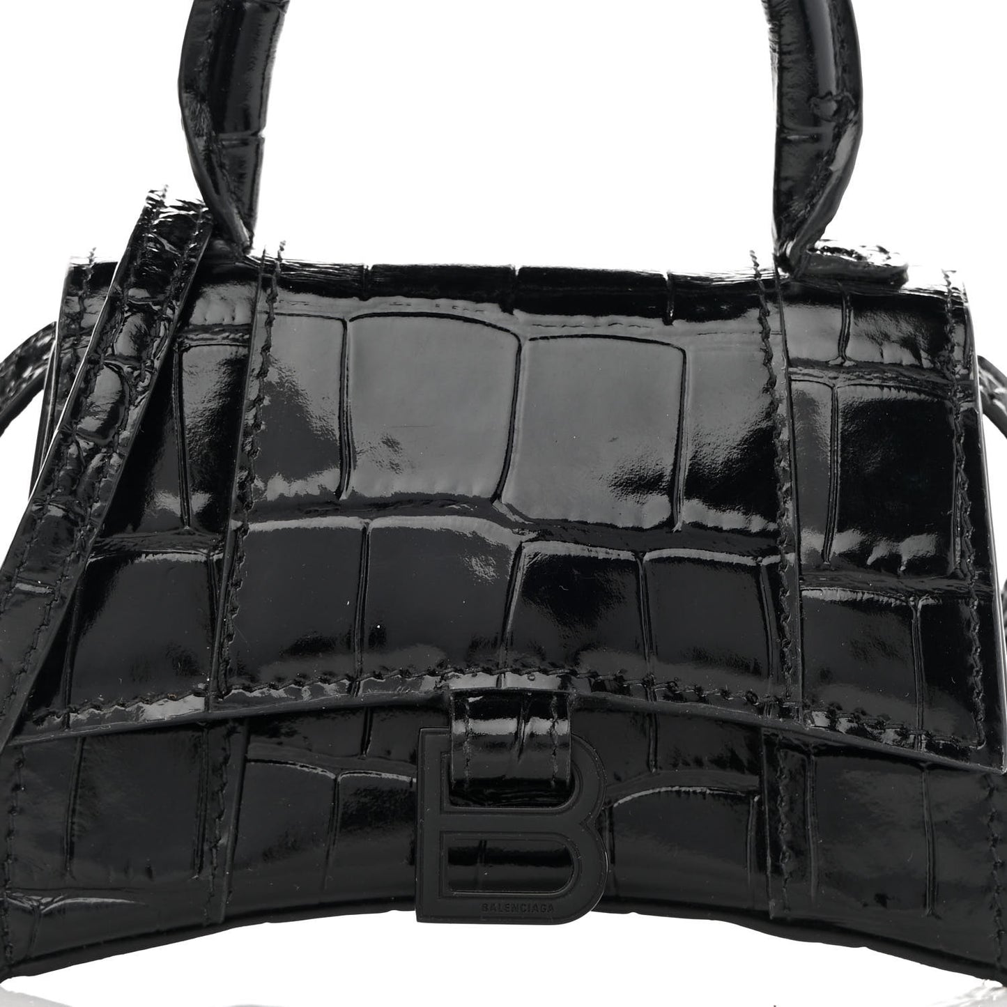 Shiny Calfskin Monochrome Crocodile Embossed Hourglass Top Handle Bag Mini Black