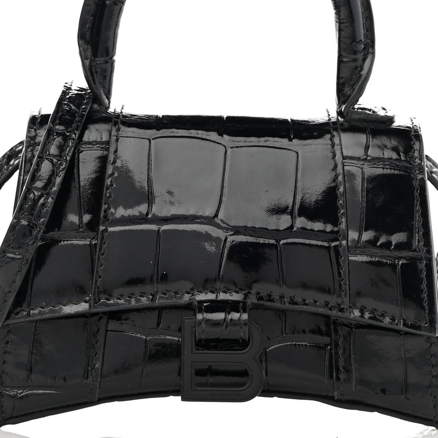 Balenciaga Shiny Calfskin Monochrome Crocodile Embossed Hourglass Top Handle Bag Mini Black 7 of 11