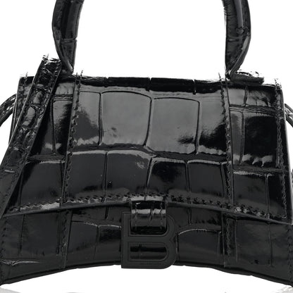 Balenciaga Shiny Calfskin Monochrome Crocodile Embossed Hourglass Top Handle Bag Mini Black 7 of 11