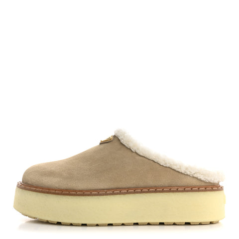 Suede Shearling Triangle Logo Slippers 40.5 Deserto
