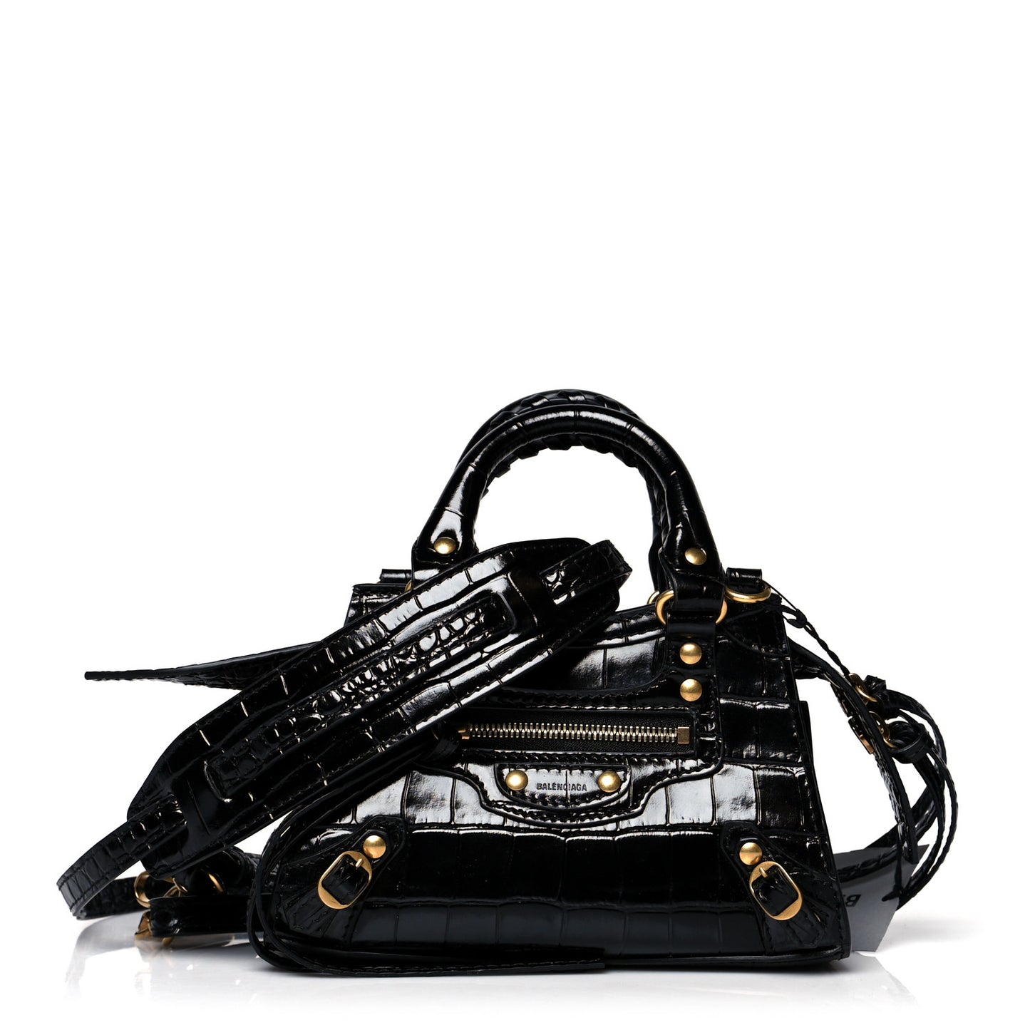 Shiny Supple Calfskin Crocodile Embossed Neo Classic Gold Hardware Nano City Crossbody Black