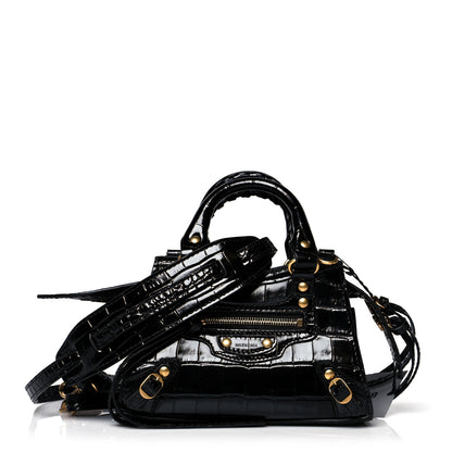 Balenciaga Shiny Supple Calfskin Crocodile Embossed Neo Classic Gold Hardware Nano City Crossbody Black 1 of 8