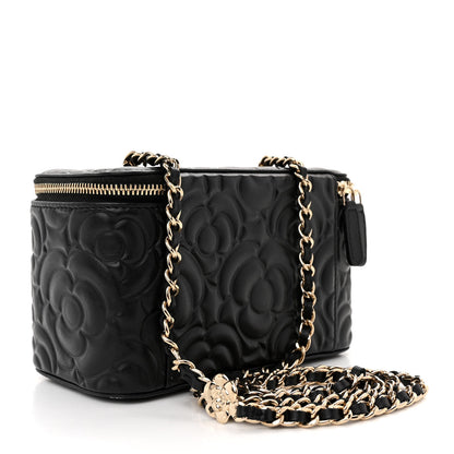Chanel Lambskin Camellia Embossed Small Vanity Case With Chain Black 3 of 12