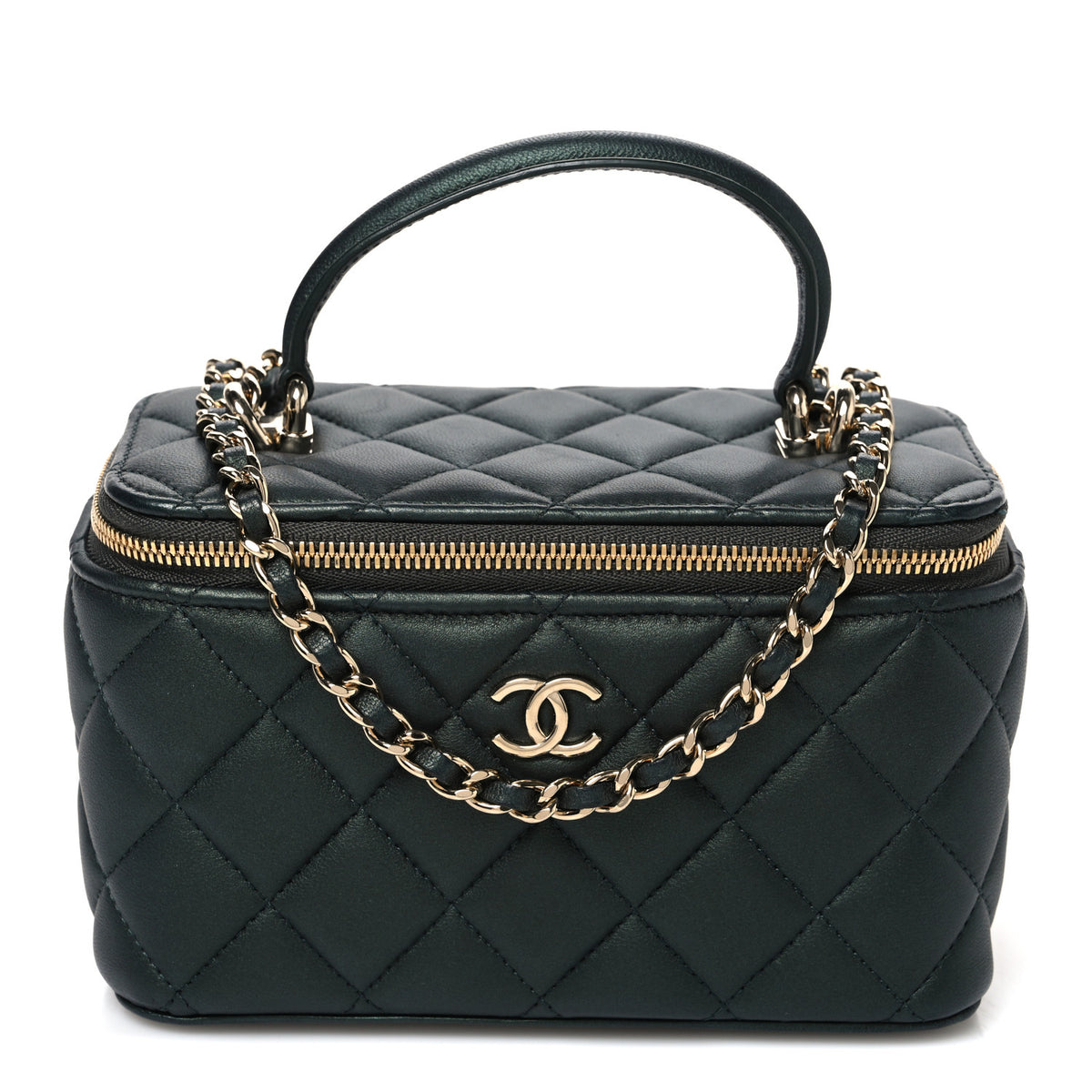 Iridescent Lambskin Quilted Small Top Handle Vanity Case With Chain Dark Green