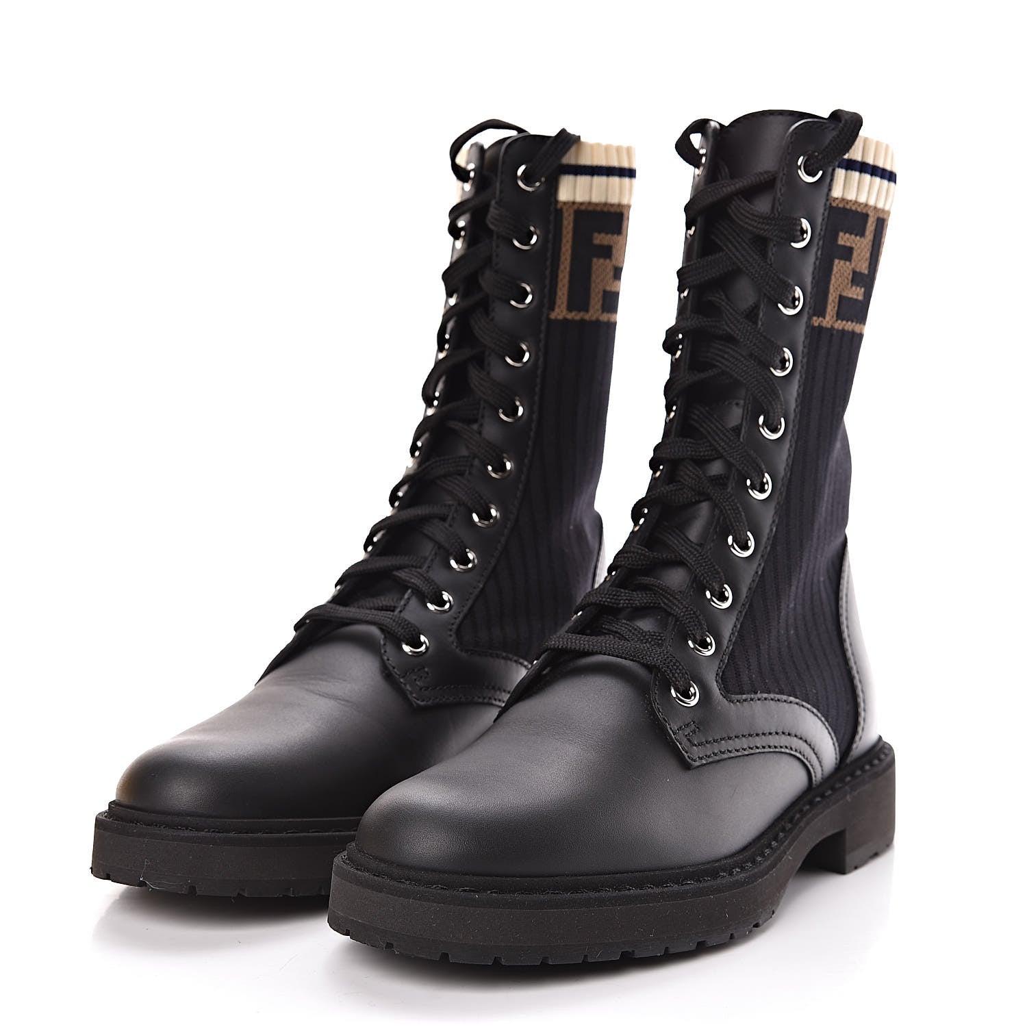Fendi Calfskin Stretch Fabric Rockoko Biker Boots 36 Tobacco Black Marino 3 of 8