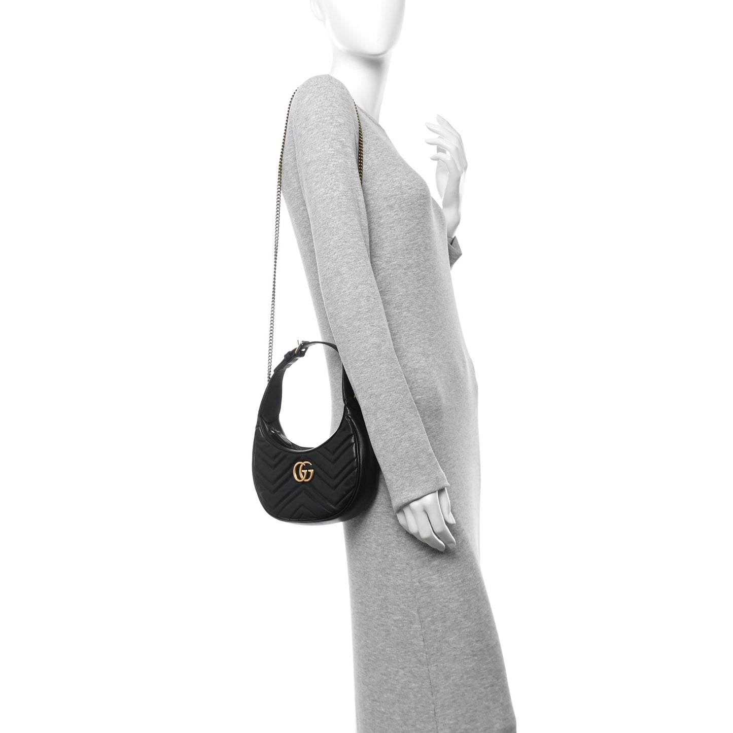 Calfskin Matelasse Chevron Mini GG Marmont Half Moon Hobo Black