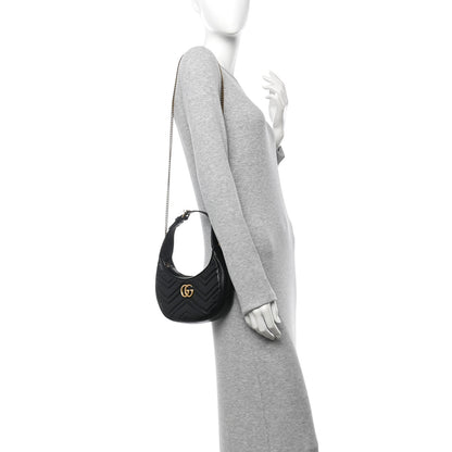 Gucci Calfskin Matelasse Chevron Mini GG Marmont Half Moon Hobo Black 2 of 12