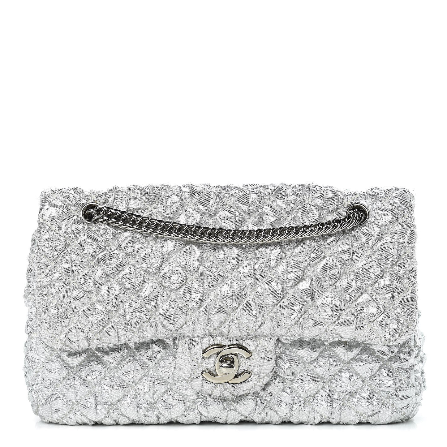 Metallic Lame Quilted Small Double Flap Silver