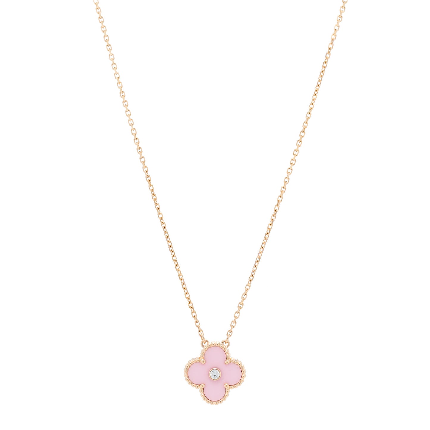 18K Rose Gold Diamond Pink Porcelain Vintage Alhambra Pendant Necklace