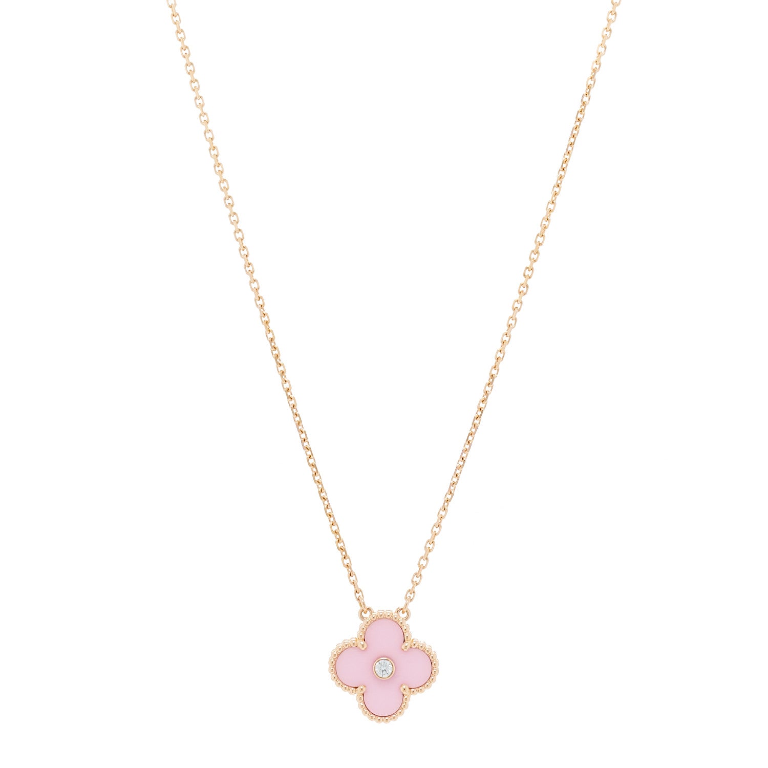 Van Cleef & Arpels 18K Rose Gold Diamond Pink Porcelain Vintage Alhambra Pendant Necklace 1 of 5