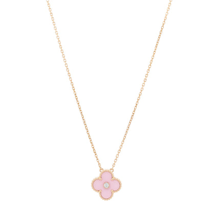 Van Cleef & Arpels 18K Rose Gold Diamond Pink Porcelain Vintage Alhambra Pendant Necklace 1 of 5