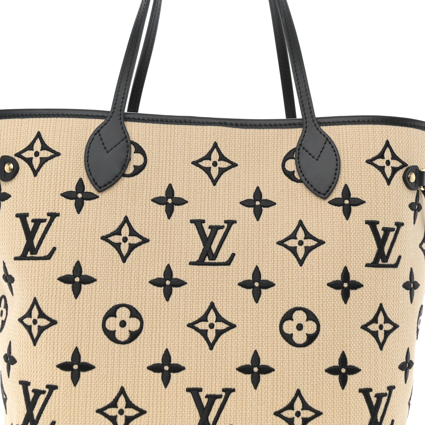 Cotton Monogram Embroidered Neverfull MM Beige Black