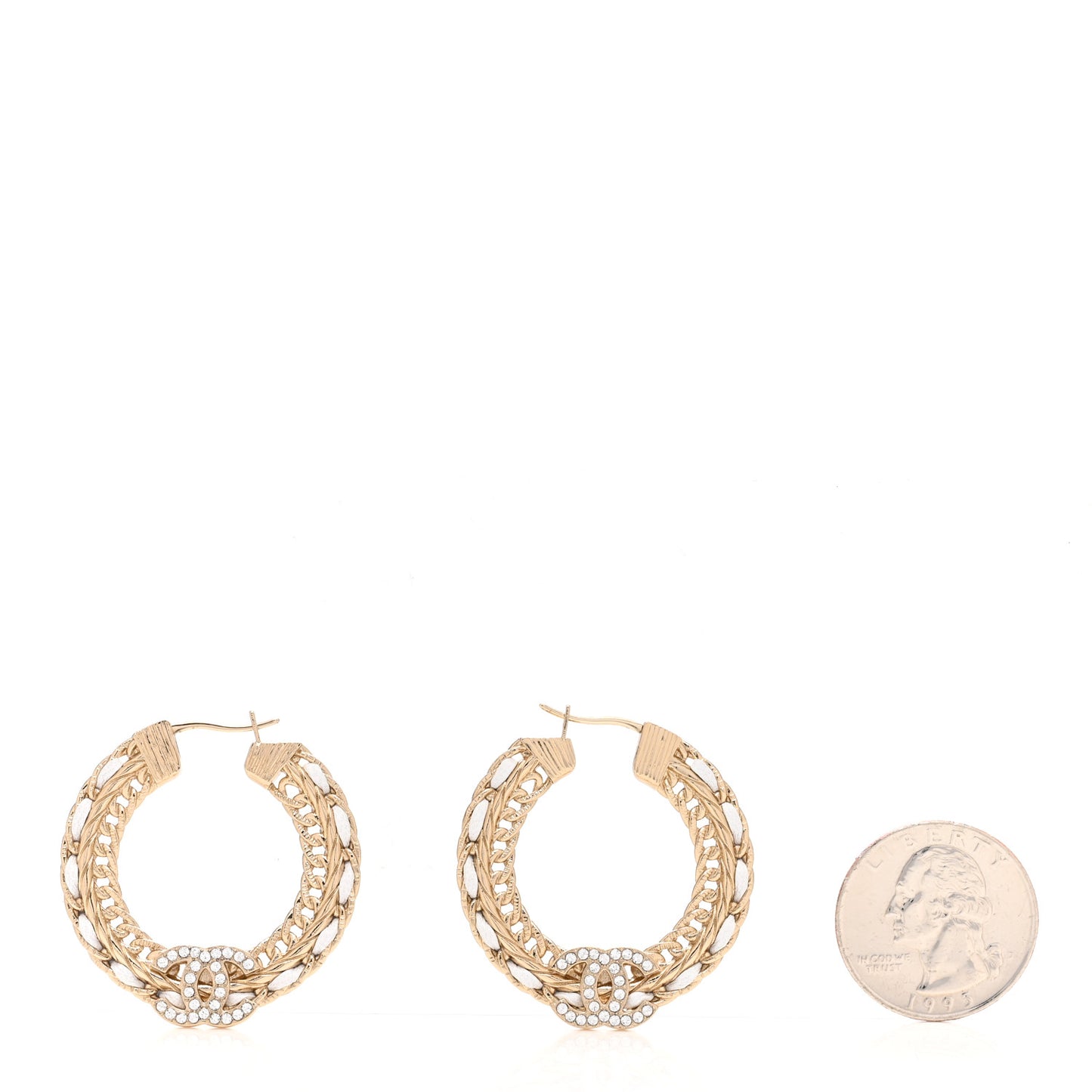 Crystal Lambskin CC Chain Hoop Earrings Gold White