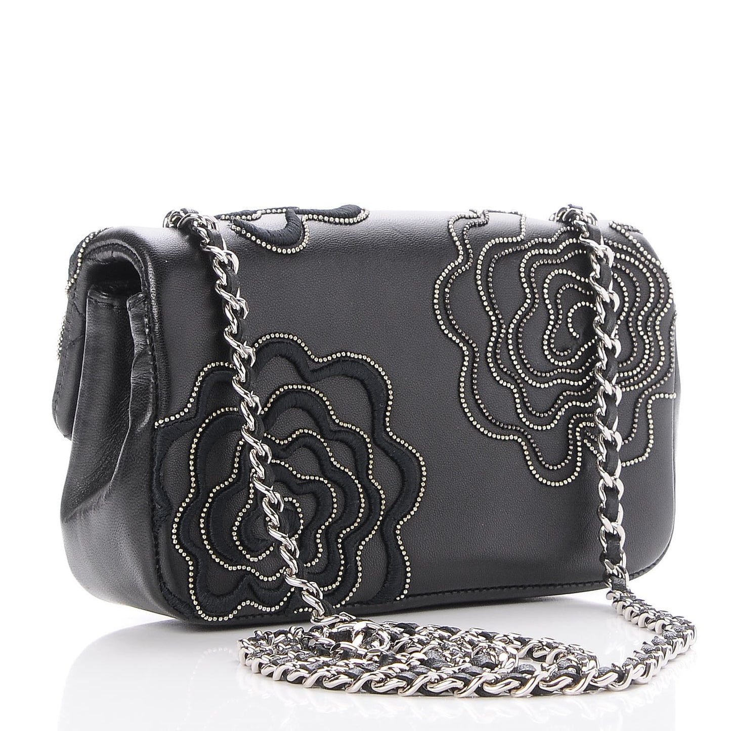Lambskin Studded Camellia Embroidered Mini Rectangular Flap Black