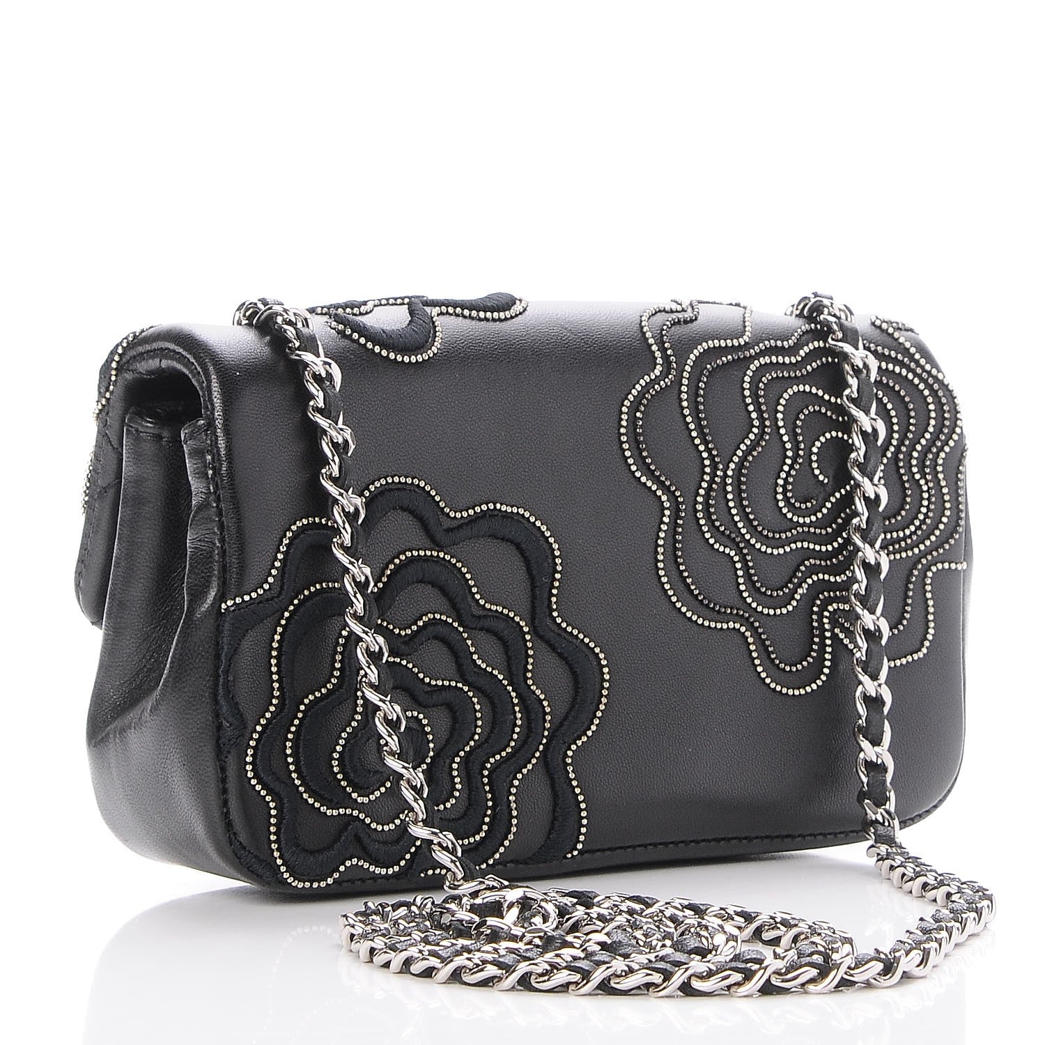 Chanel Lambskin Studded Camellia Embroidered Mini Rectangular Flap Black 3 of 13