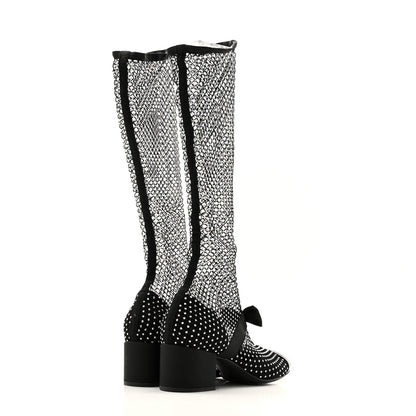 Chanel Mesh Crystal Patent CC Bow High Boots 38.5 Black 4 of 8
