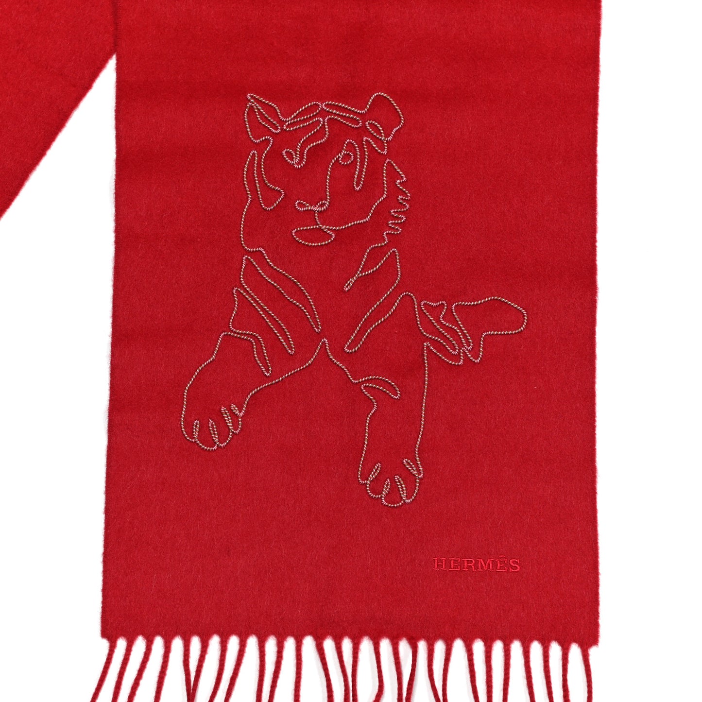 Cashmere Embroidered Tiger Fringe Scarf Red