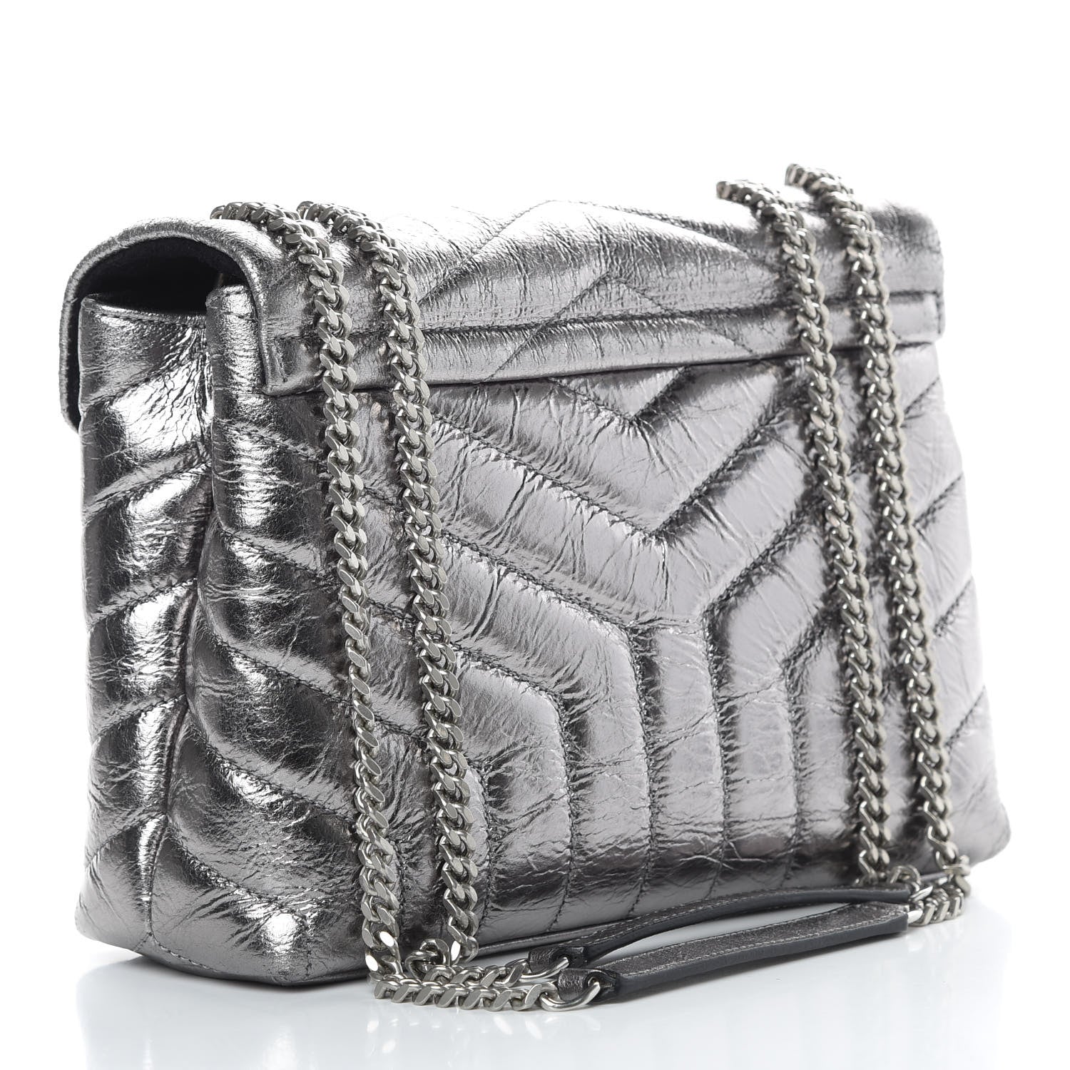 Saint Laurent Metallic Calfskin Y Quilted Monogram Small Loulou Chain Satchel Acciaio 3 of 13