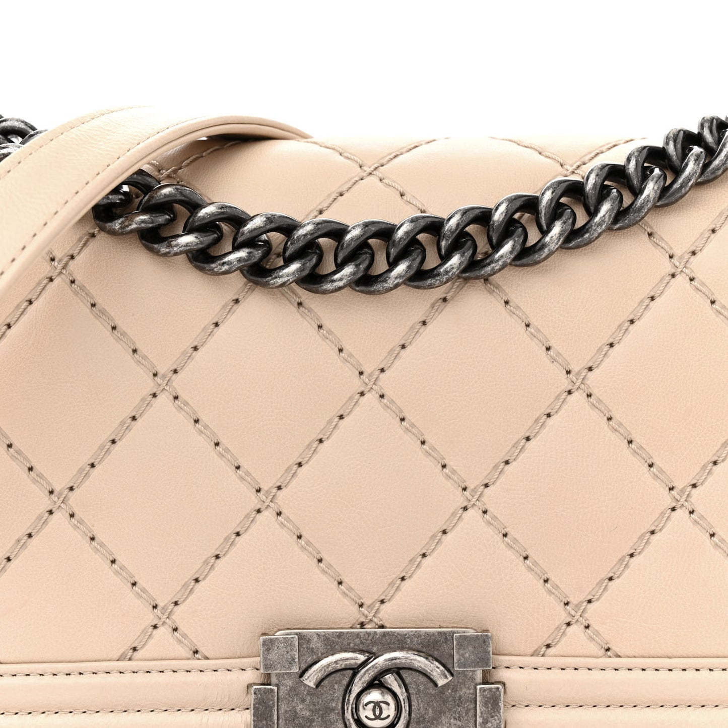 Calfskin Double Stitch Medium Boy Flap Beige
