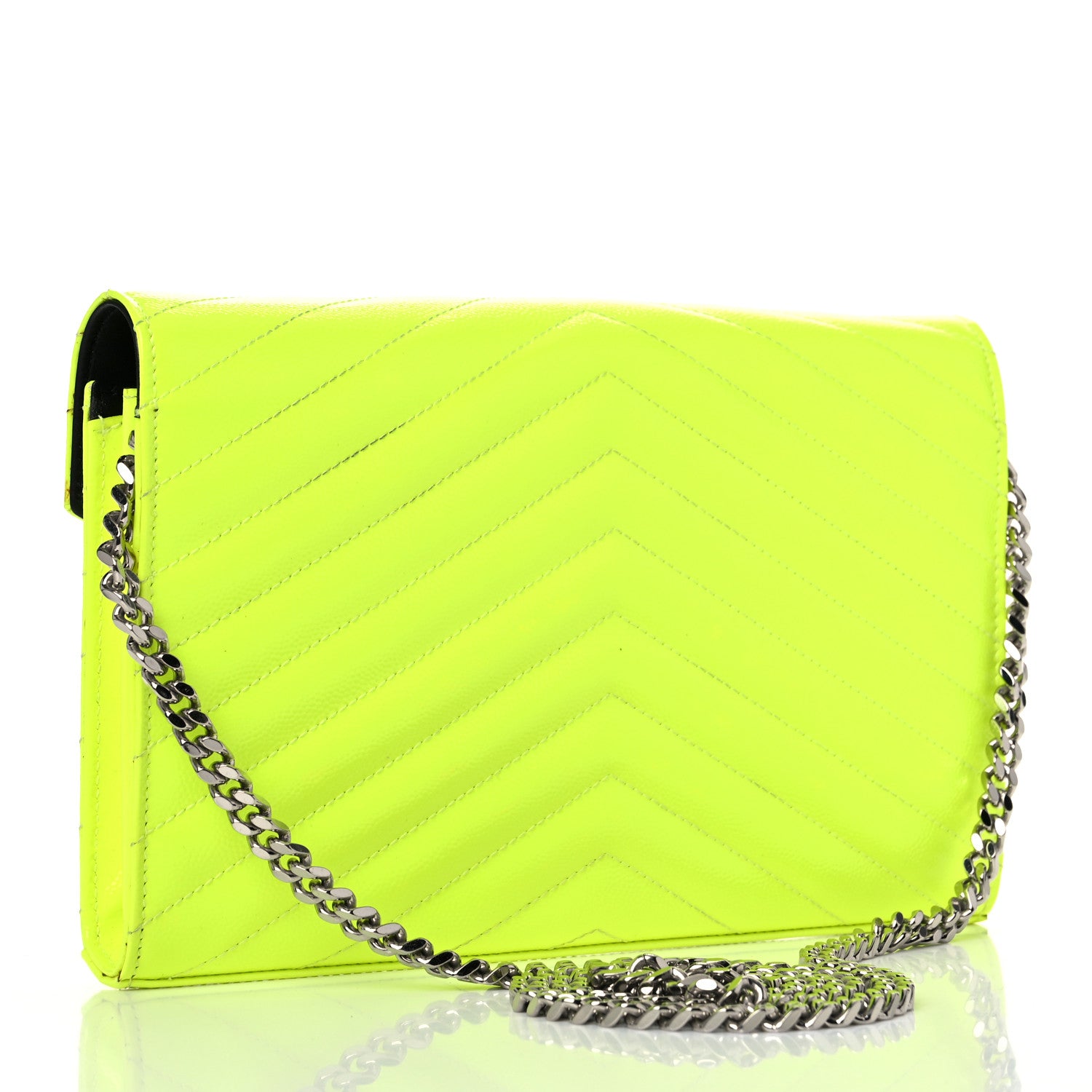 Saint Laurent Patent Grain De Poudre Matelasse Chevron Monogram Chain Wallet Neon Yellow 3 of 15