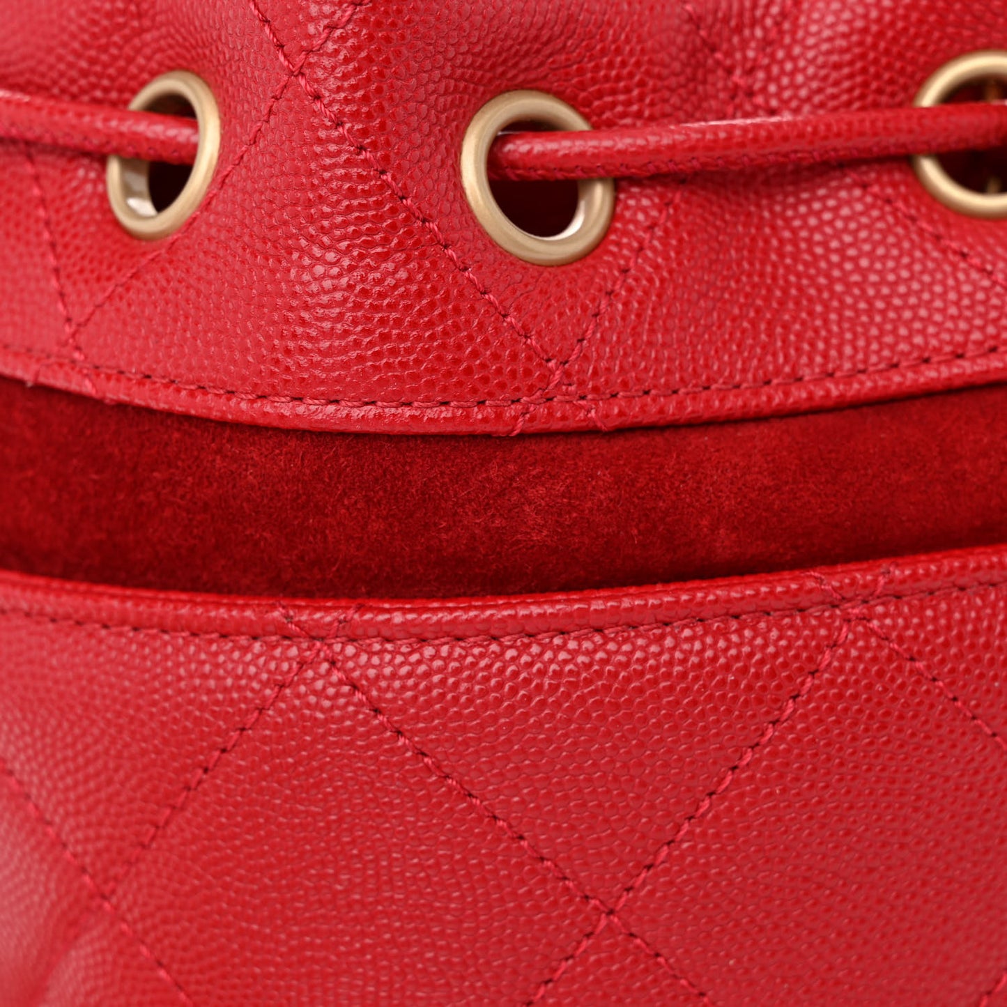Caviar Suede Quilted Drawstring Bucket Bag Dark Red