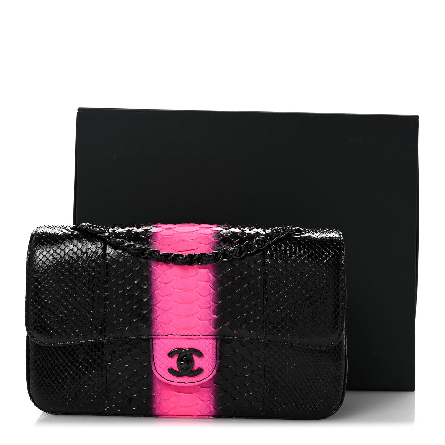 Snakeskin Medium Double Flap Black Pink