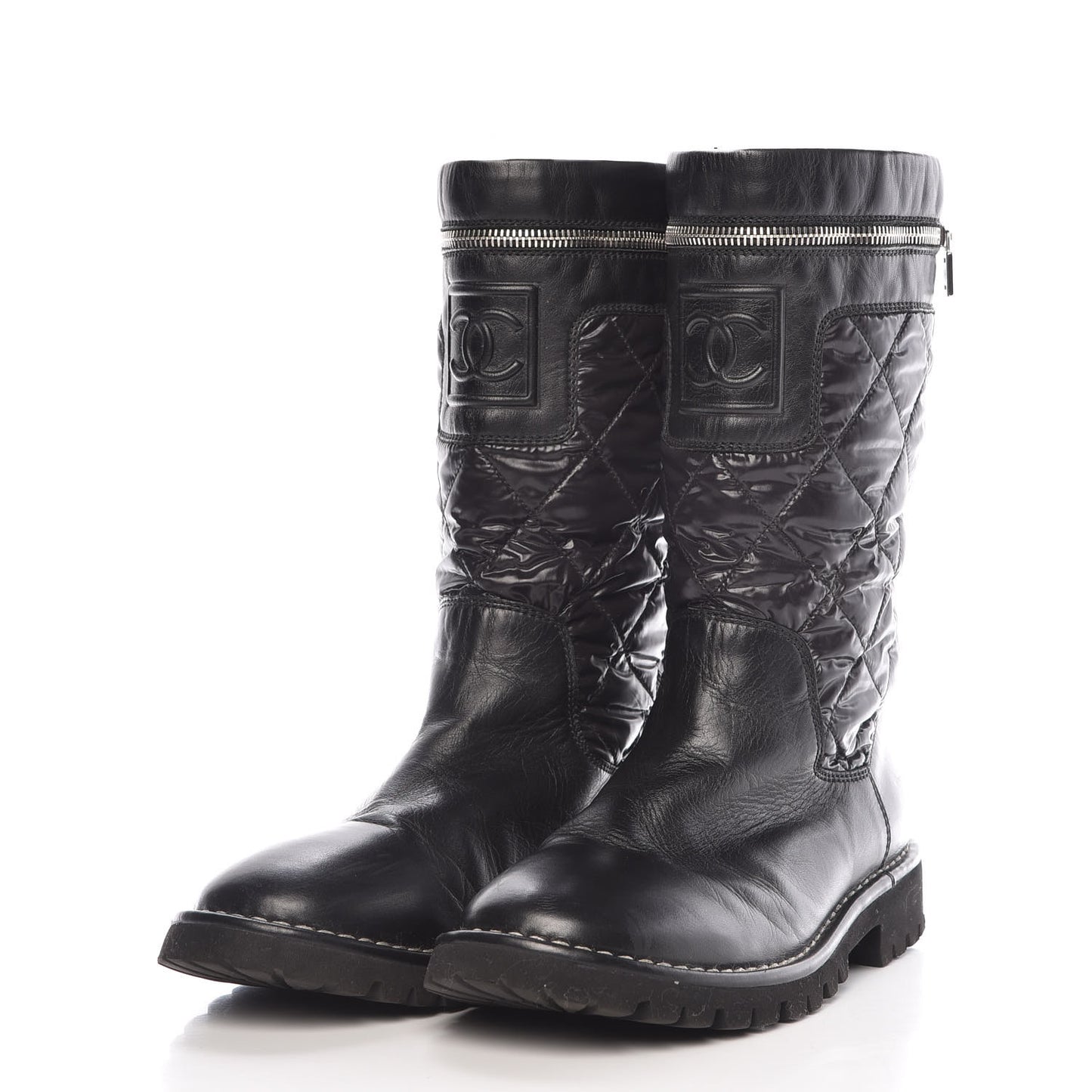 Calfskin Nylon Quilted Motorcycle Zip Boots 38.5 Black