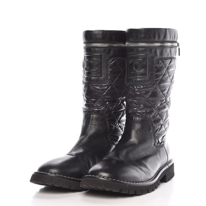 Chanel Calfskin Nylon Quilted Motorcycle Zip Boots 38.5 Black 3 of 11