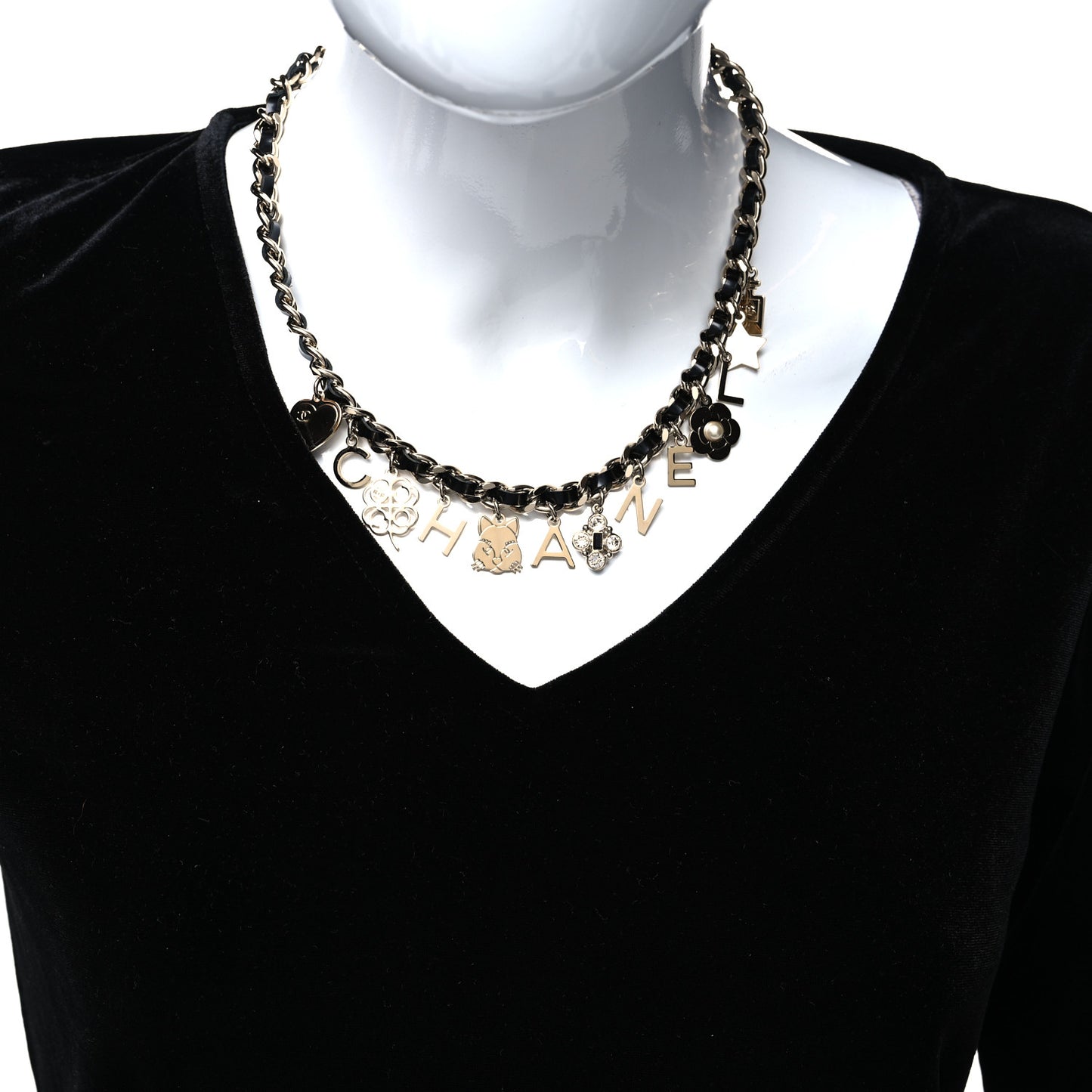 Lambskin Crystal CC Logo Charming Necklace Gold Black