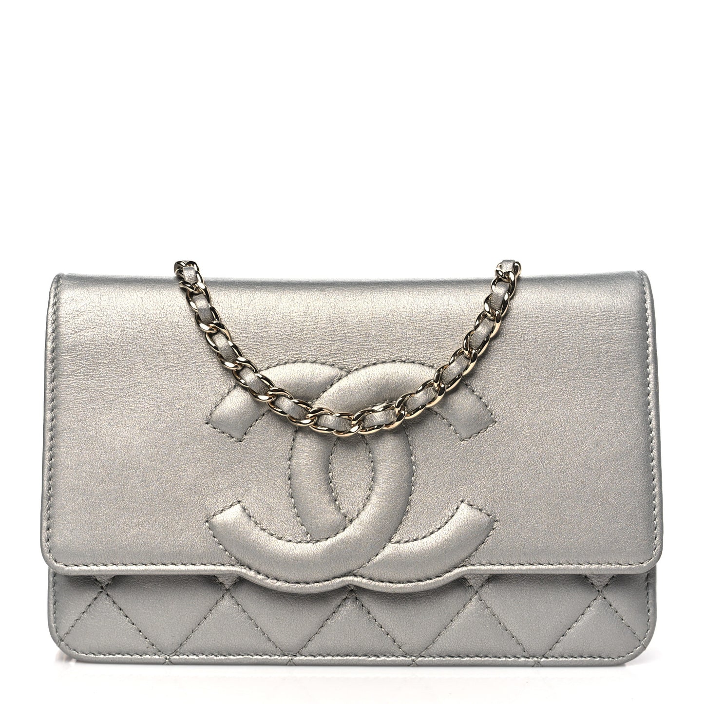 Metallic Goatskin Quilted Timeless CC Wallet On Chain WOC Silver