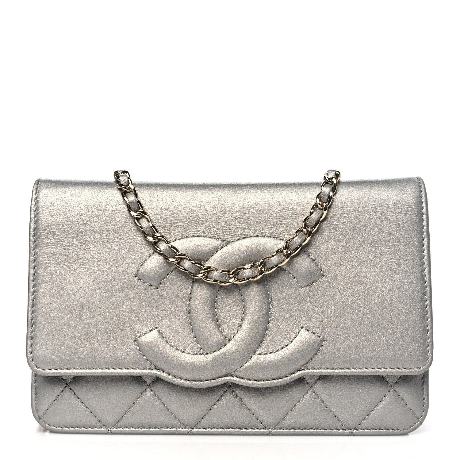 Chanel Metallic Goatskin Quilted Timeless CC Wallet On Chain WOC Silver 1 of 11