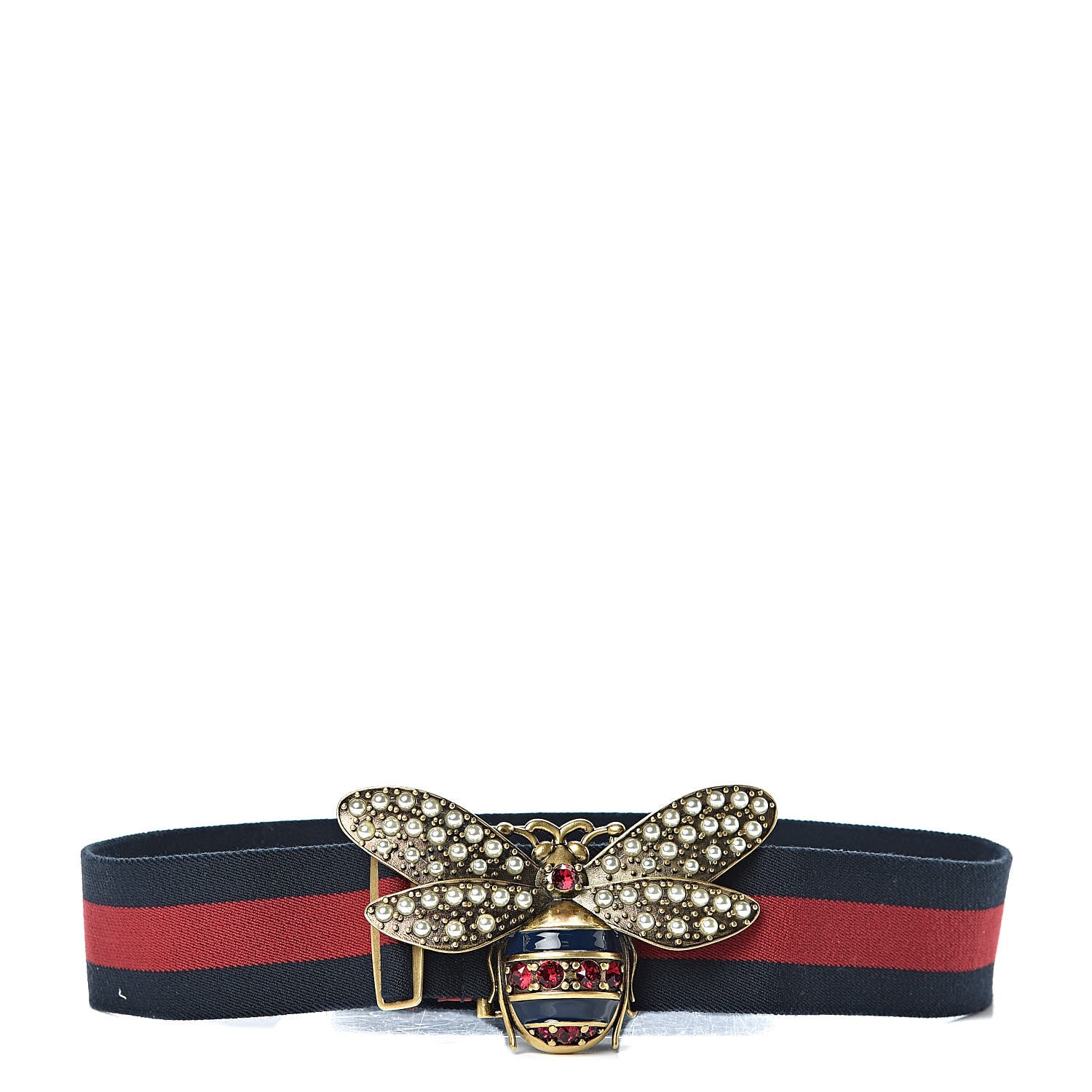 Gucci Web Queen Margaret Bee Belt 80 32 Red Navy 1 of 5