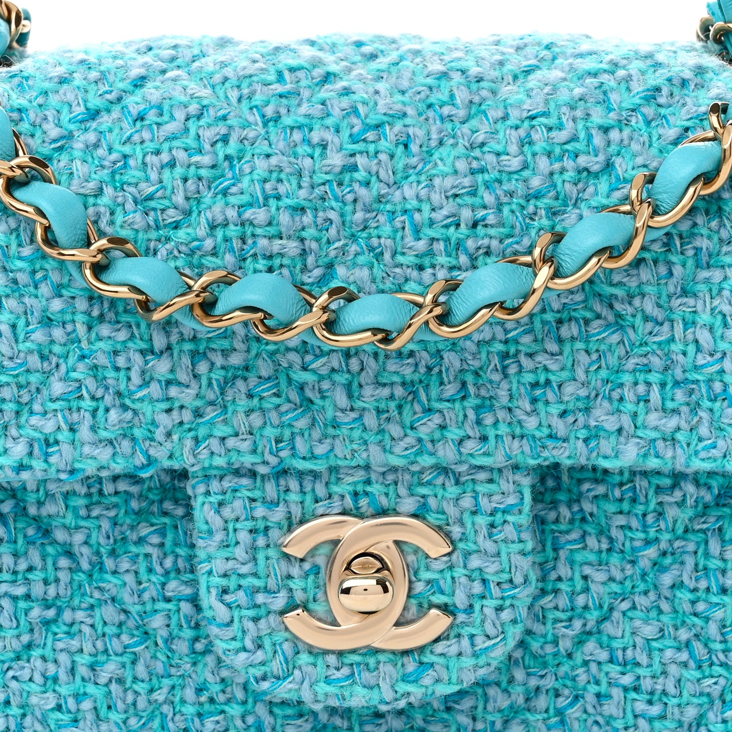 Wool Tweed Quilted Mini Rectangular Flap Turquoise Light Blue