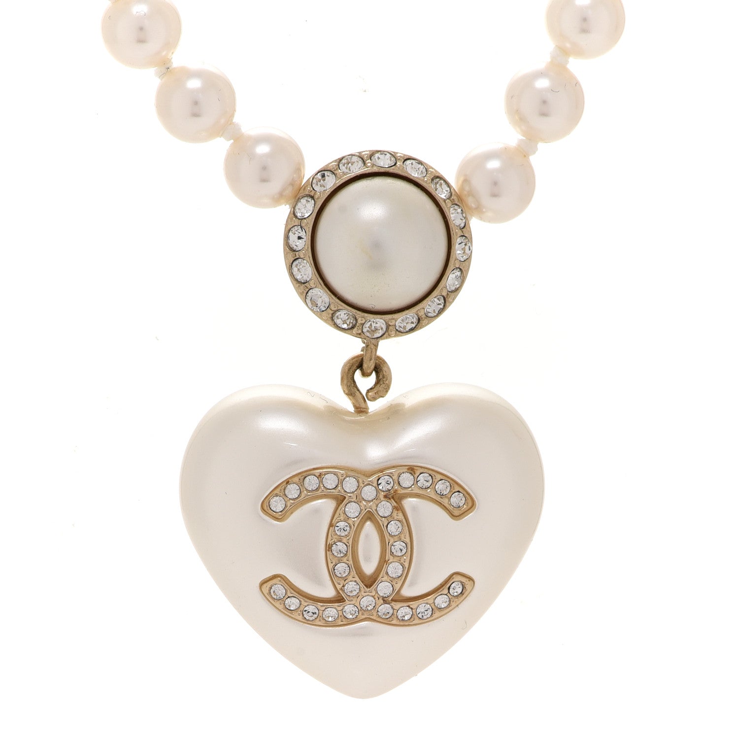 Chanel Pearl Crystal CC Heart Short Necklace Pearly White Gold 4 of 8