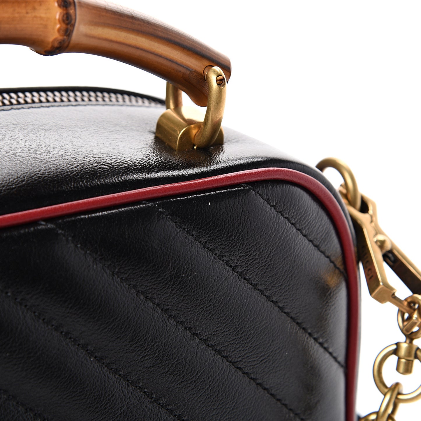 Vintage Effect Calfskin Matelasse Diagonal Small Torchon GG Marmont Bamboo Top Handle Shoulder Bag Black Romantic Cherry