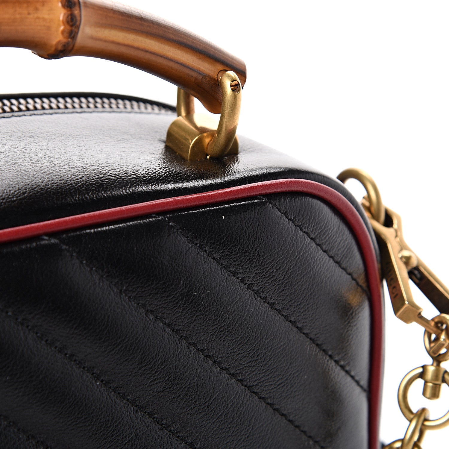 Gucci Vintage Effect Calfskin Matelasse Diagonal Small Torchon GG Marmont Bamboo Top Handle Shoulder Bag Black Romantic Cherry 11 of 12