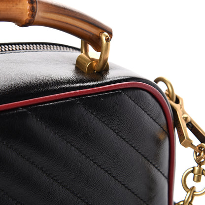Gucci Vintage Effect Calfskin Matelasse Diagonal Small Torchon GG Marmont Bamboo Top Handle Shoulder Bag Black Romantic Cherry 11 of 12