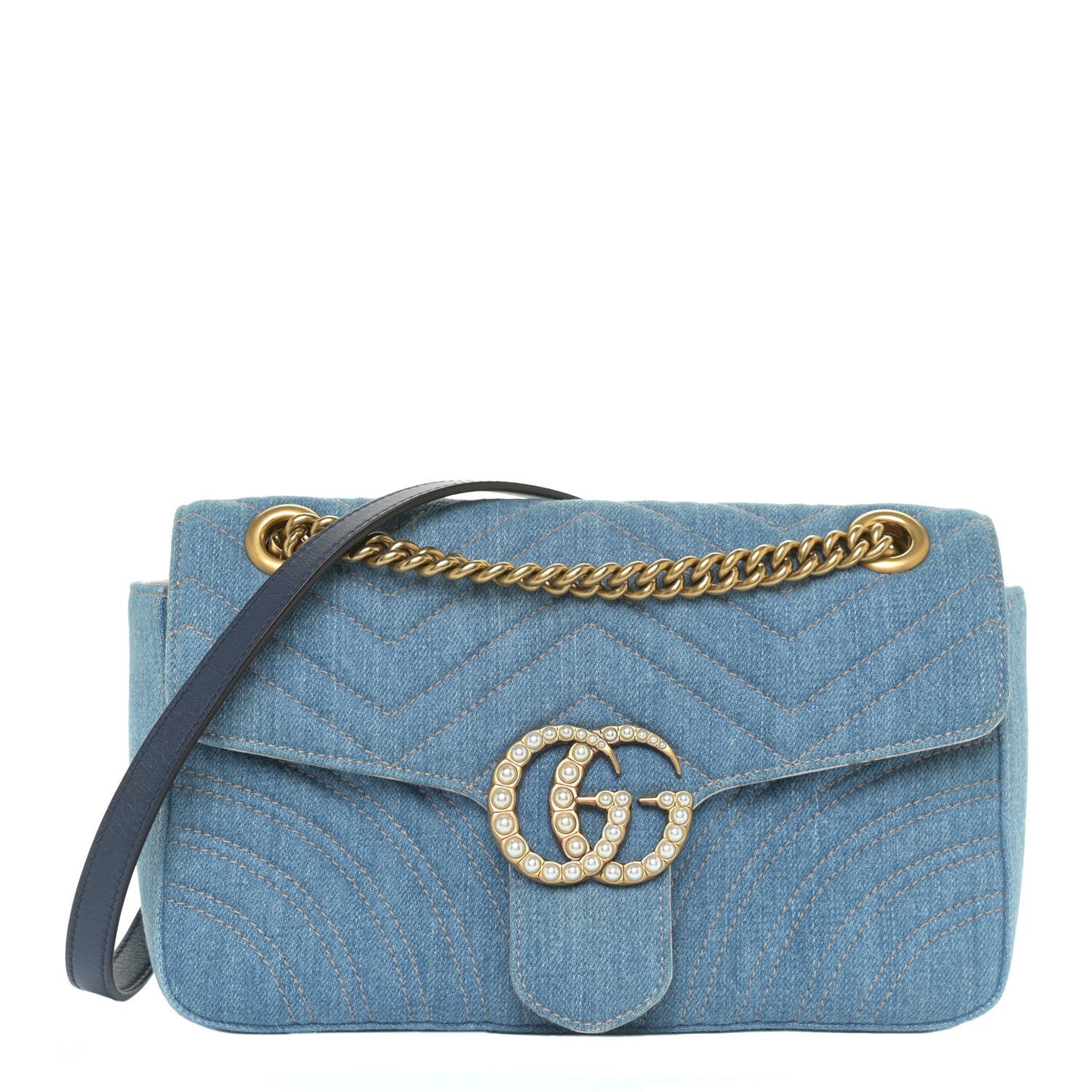 Denim Matelasse Small Pearly GG Marmont Shoulder Bag Blue