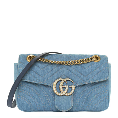 Gucci Denim Matelasse Small Pearly GG Marmont Shoulder Bag Blue 1 of 9