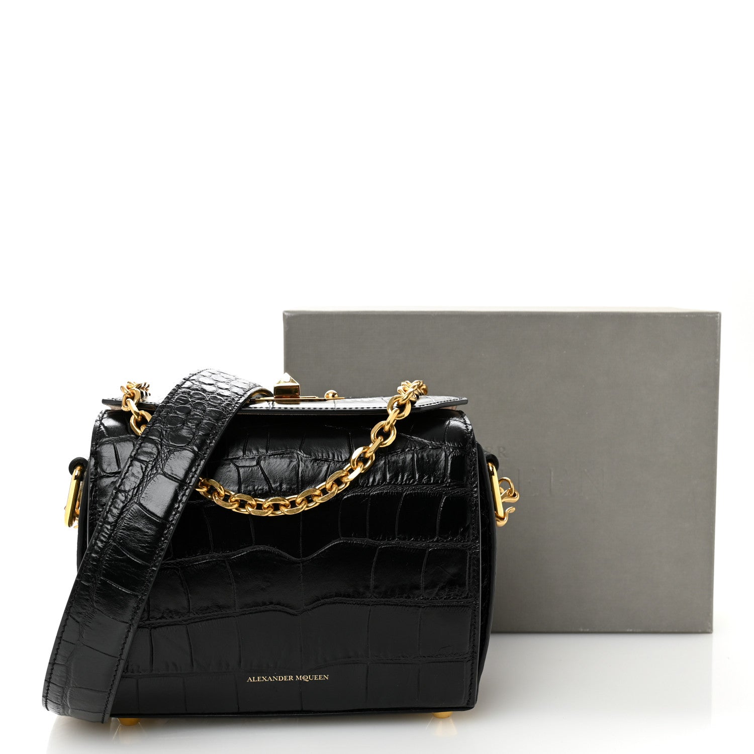 Alexander McQueen Calfskin Crocodile Embossed Box Shoulder Bag 19 Black 11 of 11