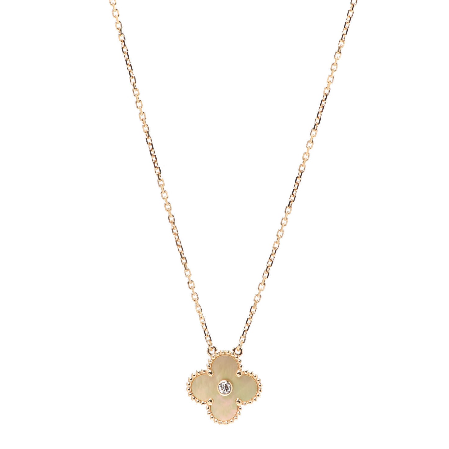 18K Yellow Gold Diamond Yellow Mother of Pearl Vintage Alhambra Pendant Necklace