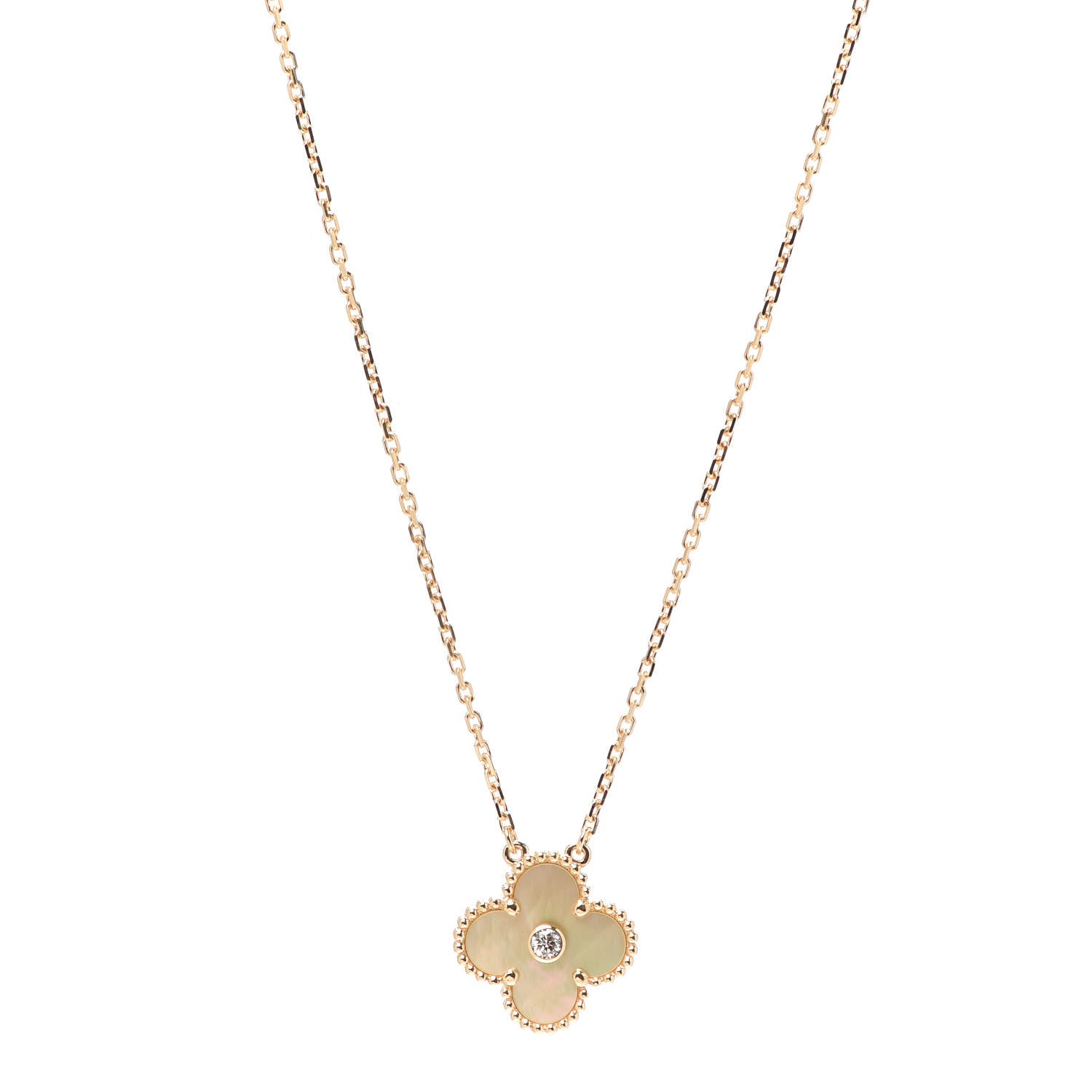 Van Cleef & Arpels 18K Yellow Gold Diamond Yellow Mother of Pearl Vintage Alhambra Pendant Necklace 1 of 7